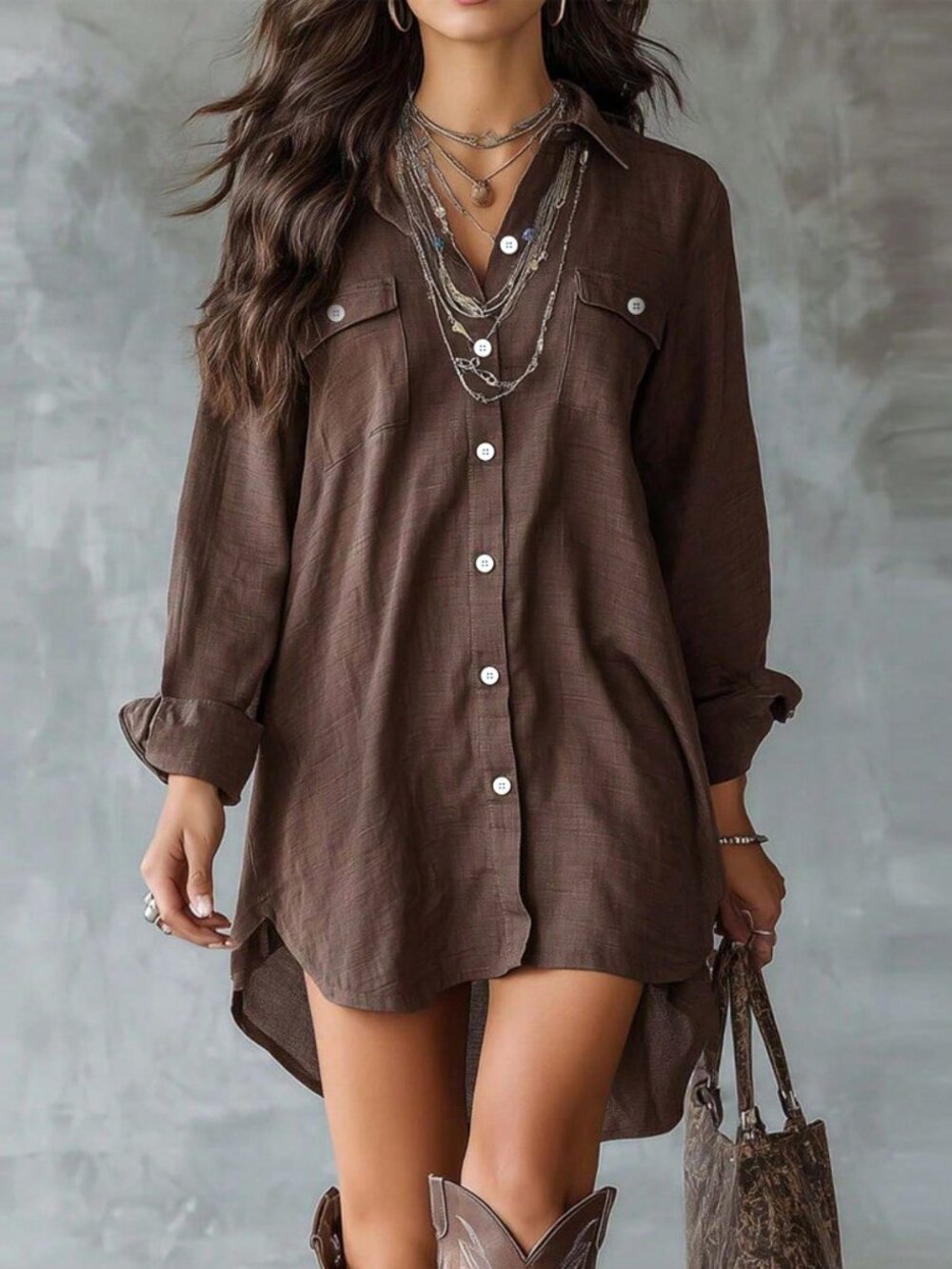 Brown Casual Women's Long Sleeve Button-Up Shirt